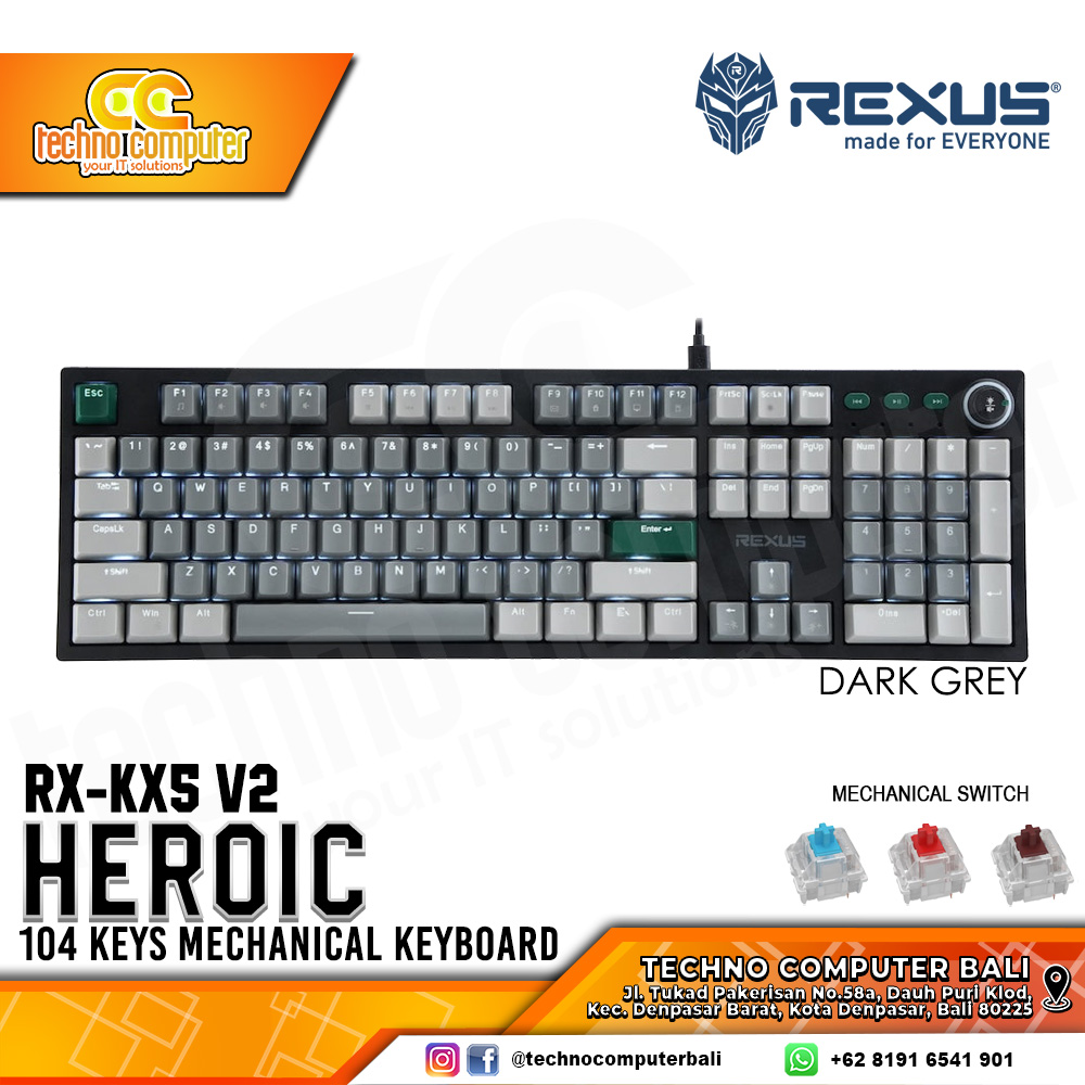 REXUS HEROIC KX5 V2 Dark Grey - Mechanical Blue Switch - Gaming Keyboard
