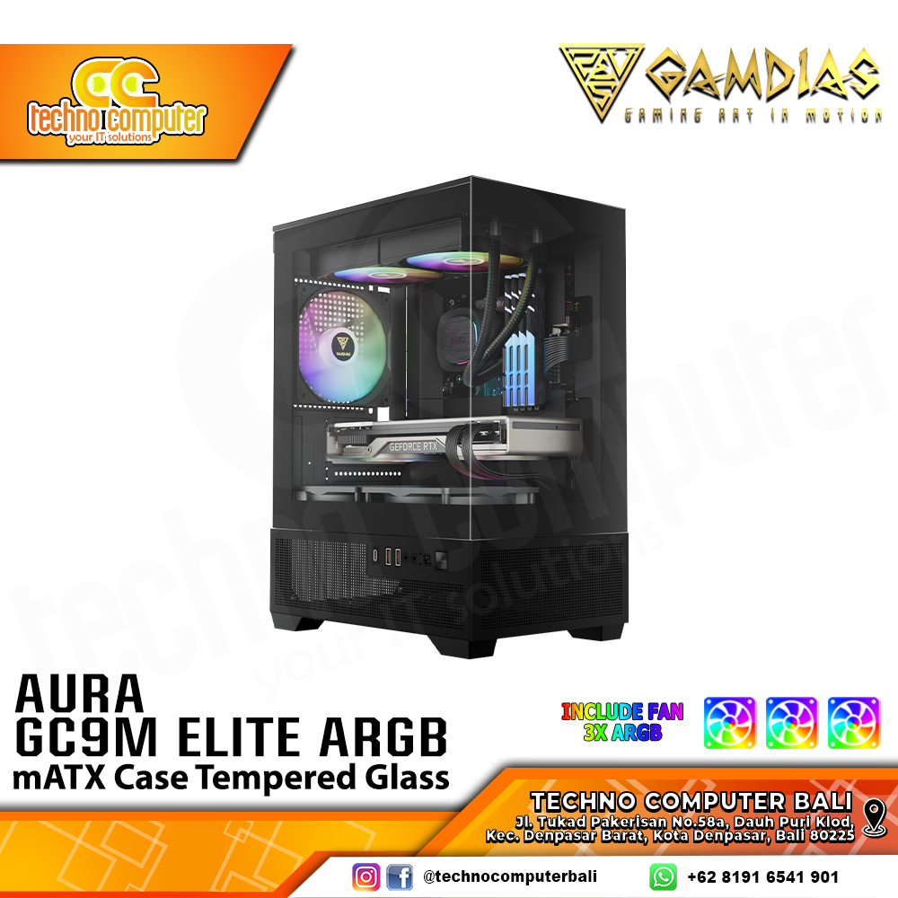 CASING GAMDIAS AURA GC9M ELITE ARGB Black - Mid Tower mATX Case Tempered Glass (Free 3x ARGB Fan)
