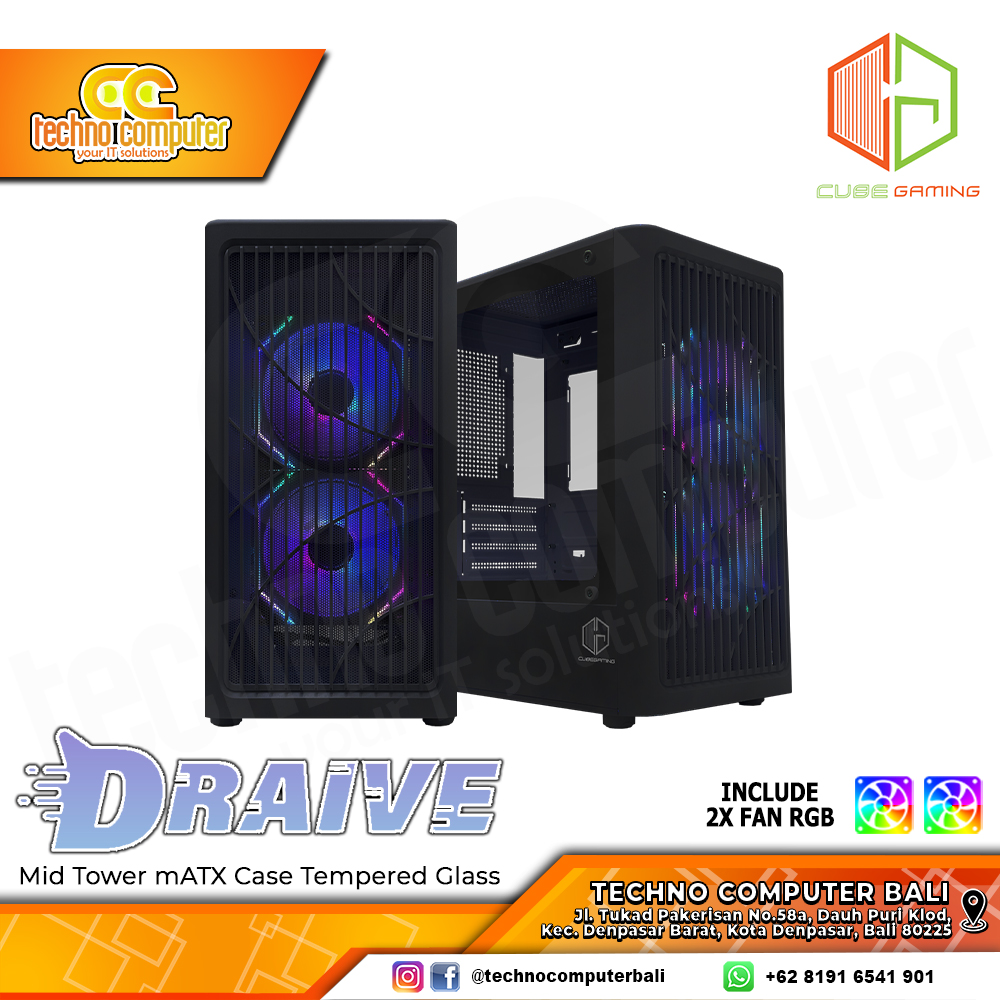 CASING CUBE GAMING DRAIVE Black - Mid Tower mATX Case Tempered Glass (Free 2x RGB Fan)